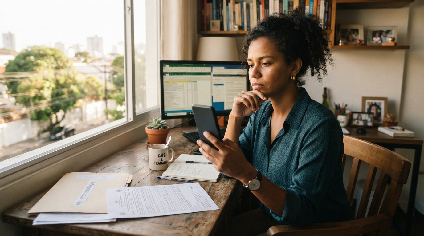 Servidora pública pensativa olhando para smartphone, considerando abrir MEI com oportunidade do PL 2026
