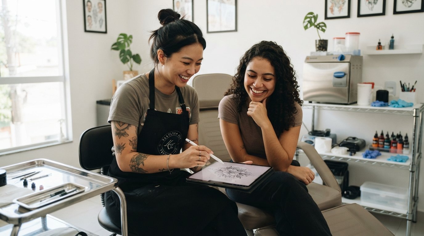 Tatuadora asiática-brasileira mostrando desenho de tatuagem no tablet para cliente, estúdio limpo com equipamentos de biossegurança organizados ao fundo