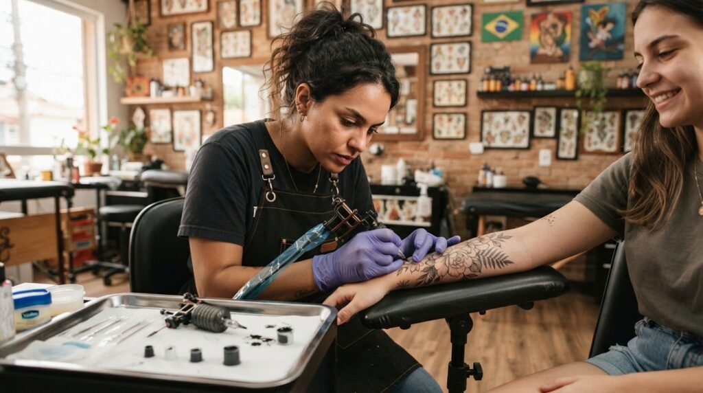 Tatuadora parda de avental preto e luvas descartáveis concentrada ao tatuar no braço de cliente, estúdio de tatuagem organizado e bem iluminado ao fundo