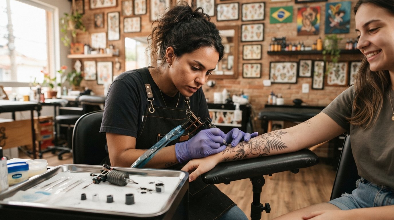 Tatuadora parda de avental preto e luvas descartáveis concentrada ao tatuar no braço de cliente, estúdio de tatuagem organizado e bem iluminado ao fundo
