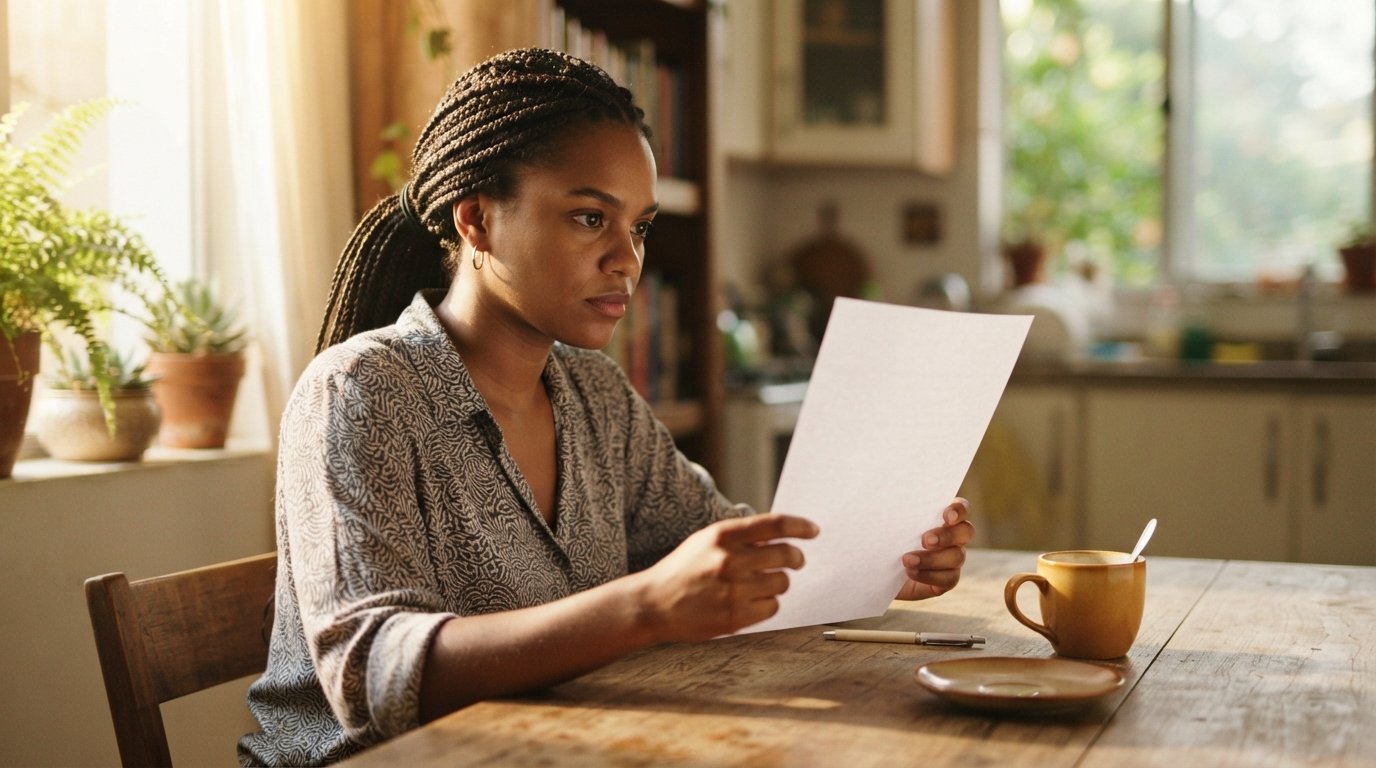 Empreendedora negra lendo a carta de indeferimento do INSS na mesa da cozinha