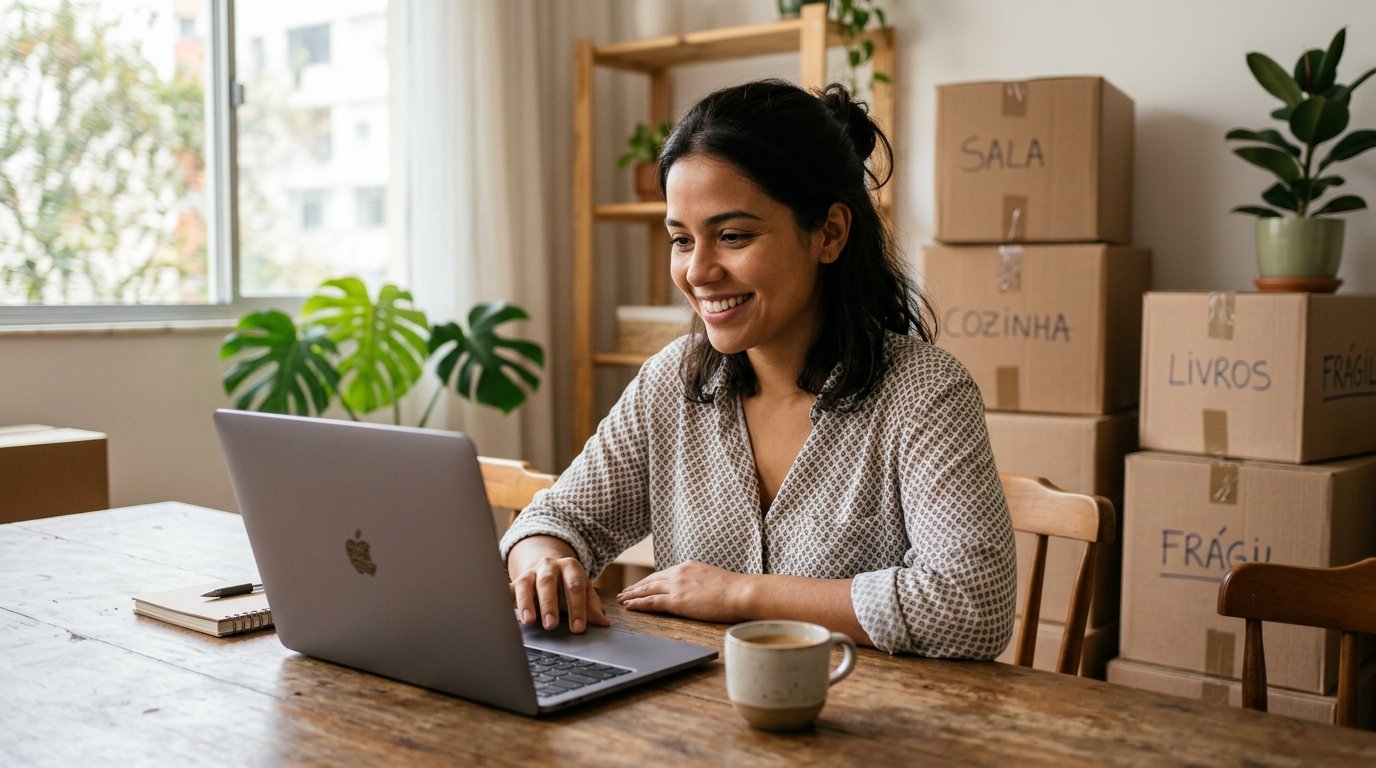 Empreendedora asiática-brasileira conferindo o endereço novo no notebook durante a mudança