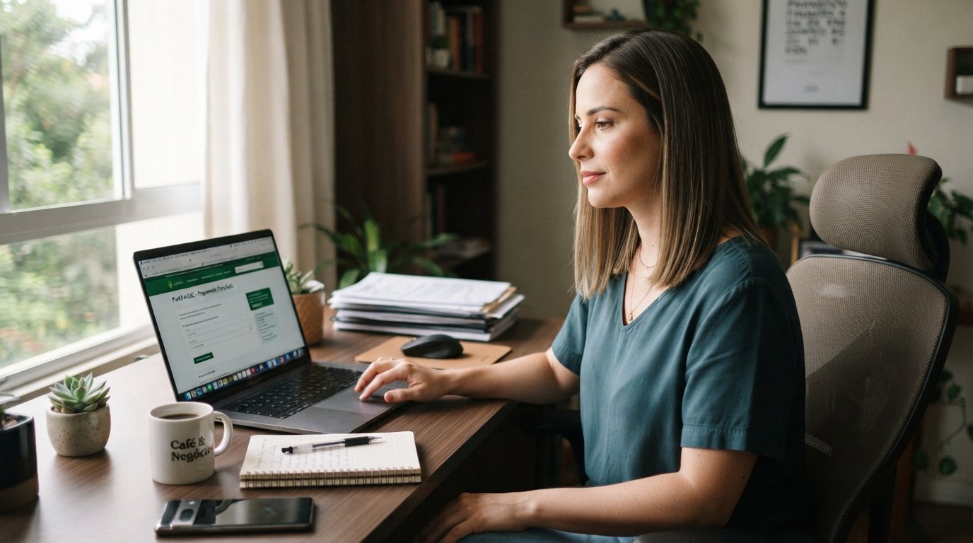 Empreendedora branca de cabelos castanhos acessando o Portal do Simples Nacional pelo notebook para parcelar o DAS