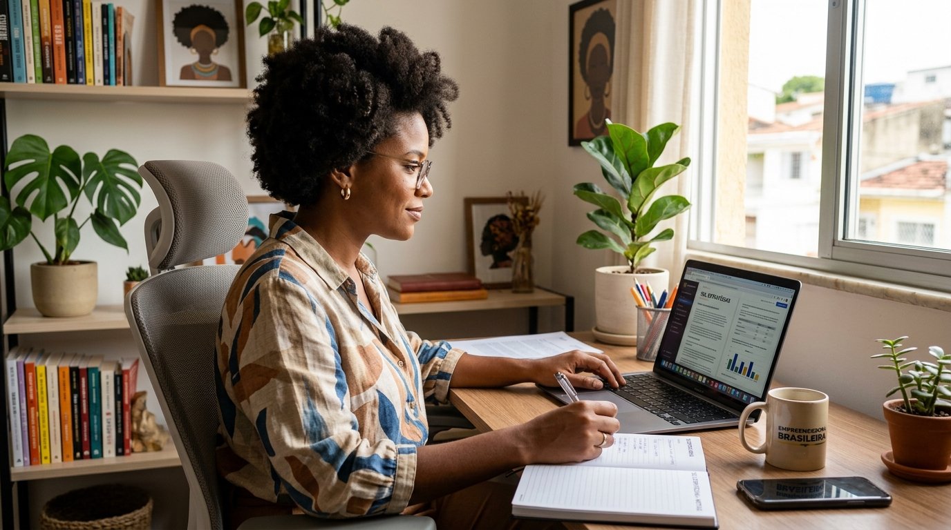 Empreendedora negra conferindo os dados do CCMEI no notebook em casa
