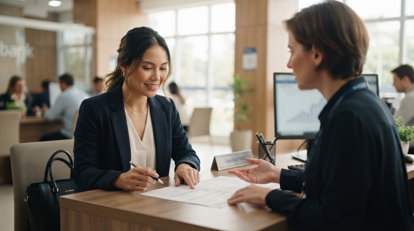 Funcionária asiática-brasileira CLT conversando no banco sobre consignado, vínculo diferente da dona da MEI