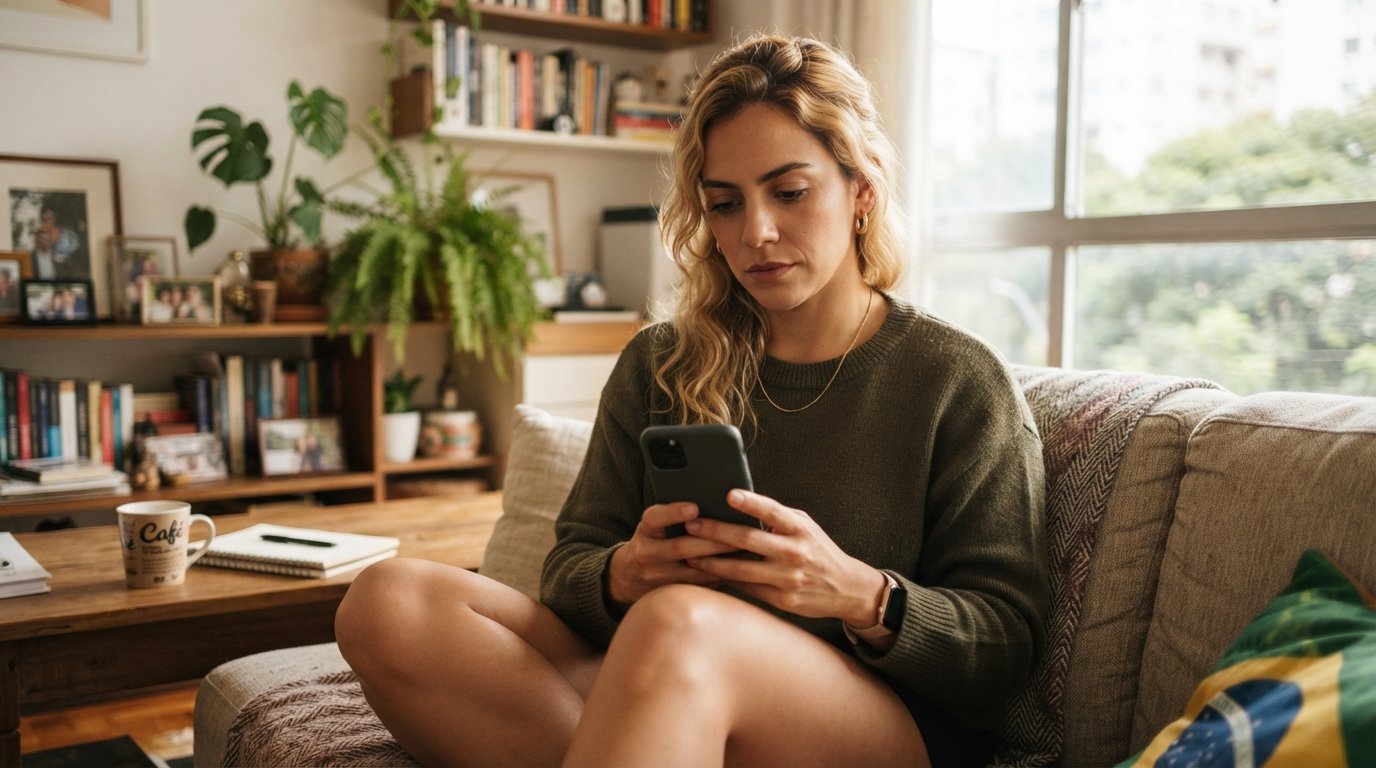 Empreendedora loira conferindo pelo celular as competências do DAS em atraso