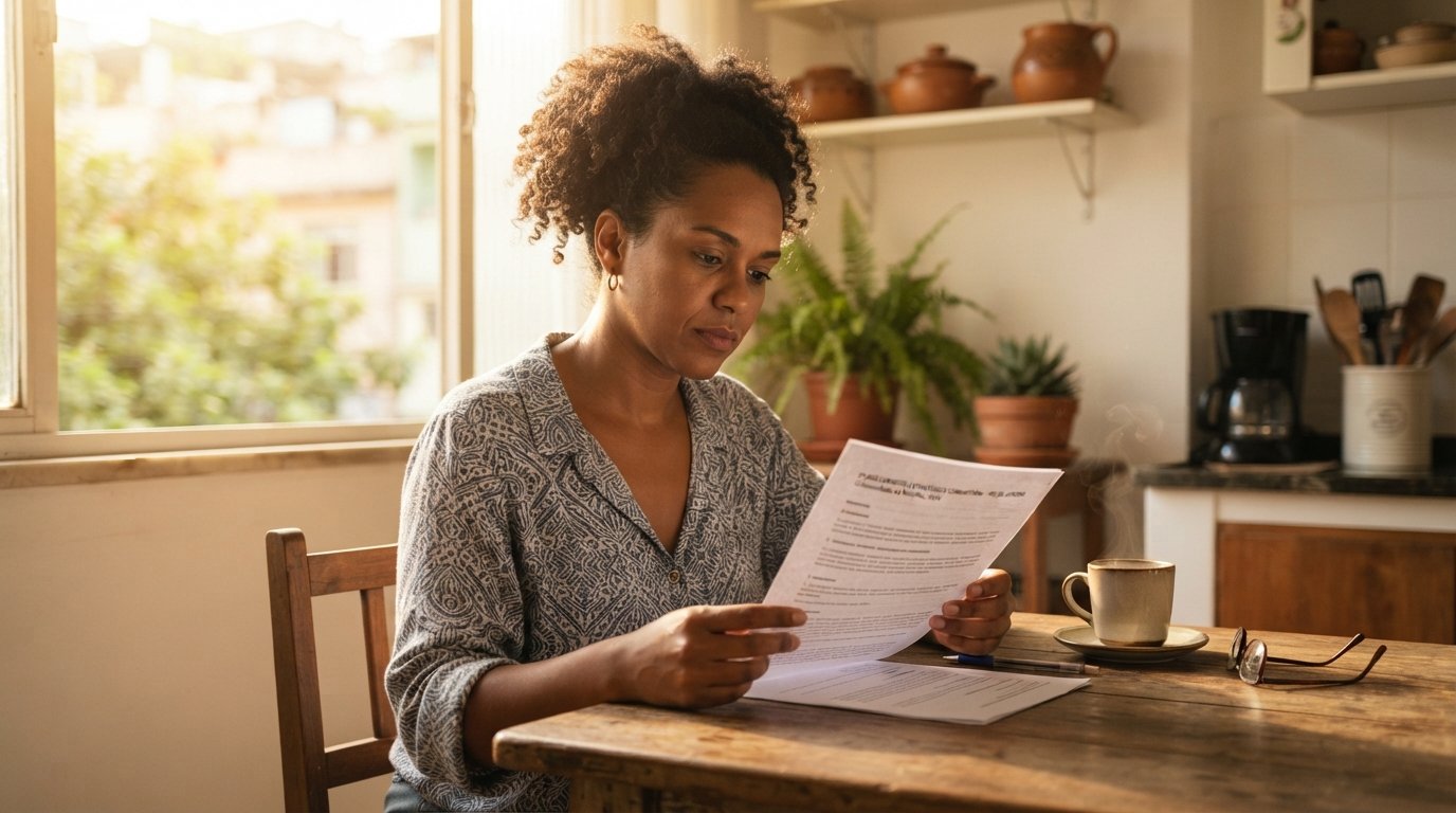Empreendedora negra lendo um documento na mesa de casa, conferindo se tem direito ao salário-família