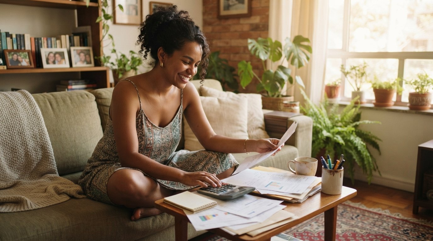 Empreendedora negra organizando o pagamento do DAS em atraso, calculadora e papéis na mesa