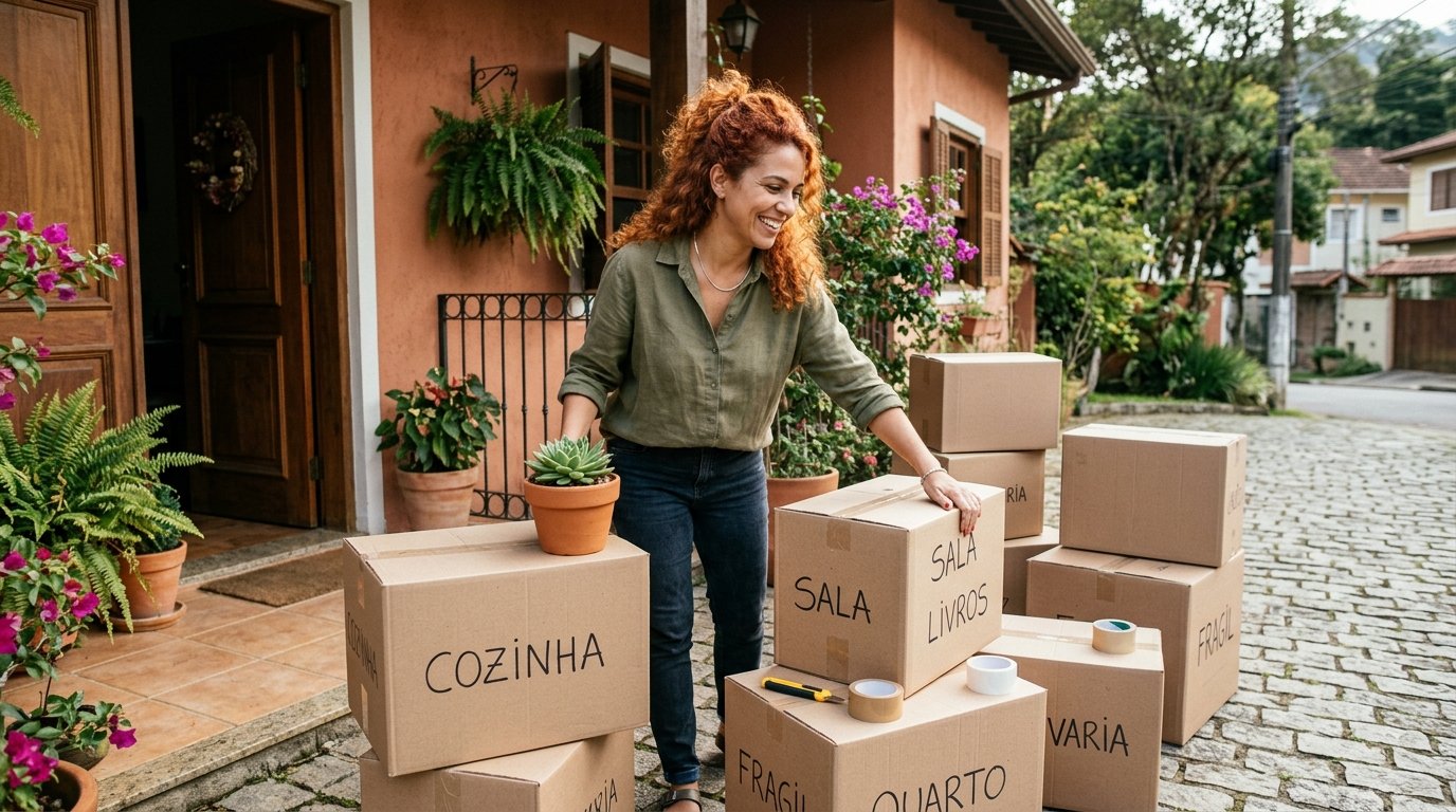 Empreendedora ruiva de cabelos encaracolados organizando caixas em frente à casa nova