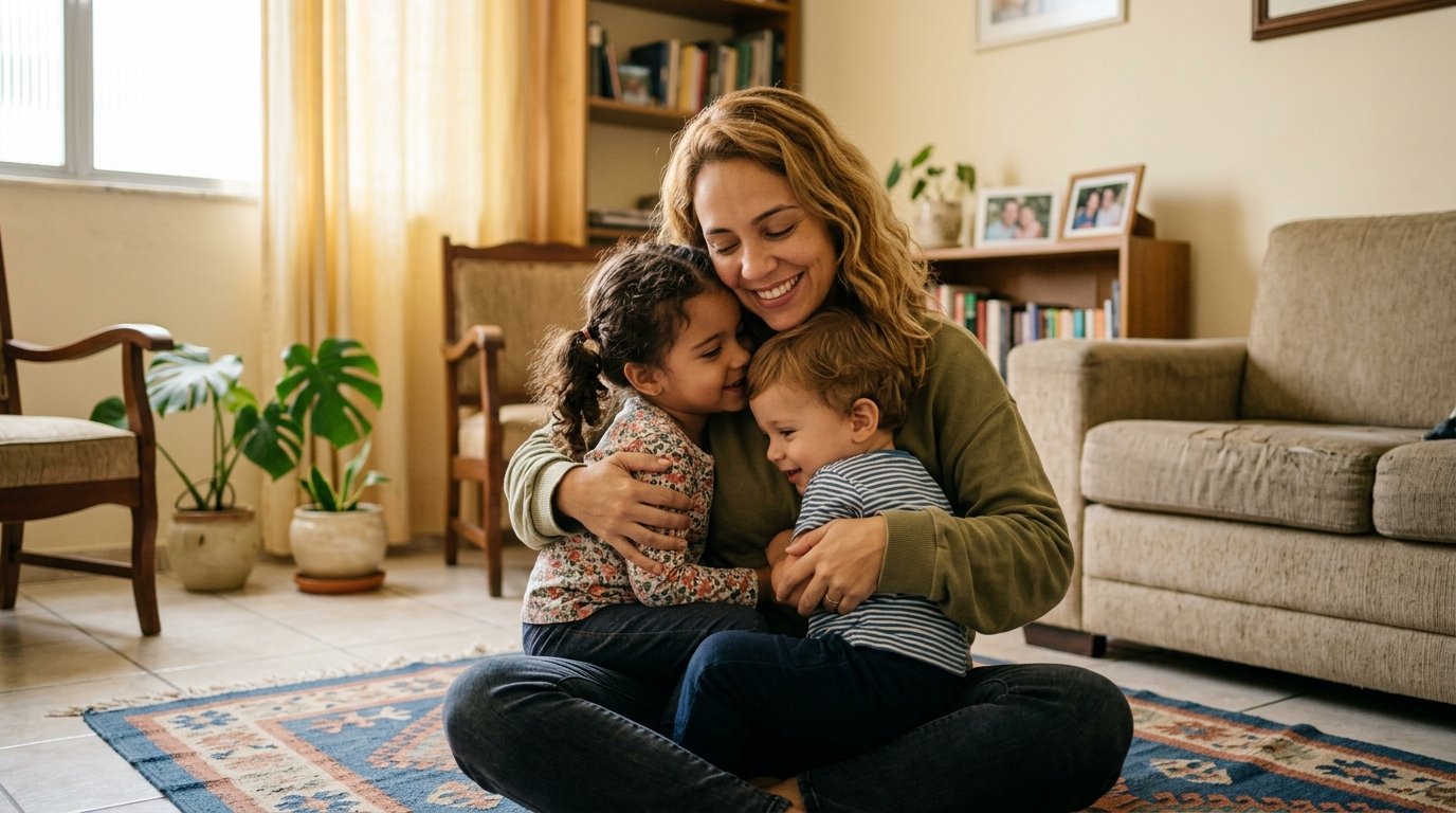 Empreendedora loira com traços latinos abraçando os filhos pequenos em casa, momento de cuidado