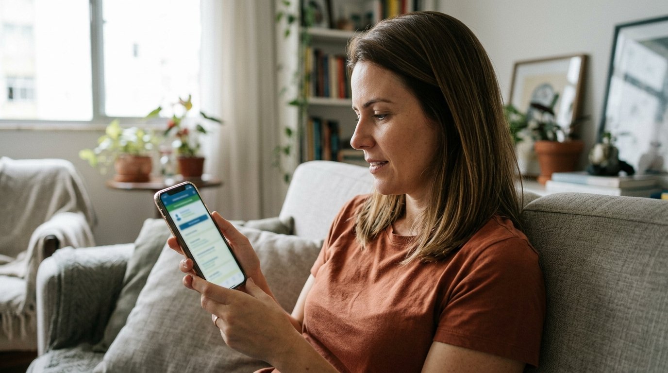 Empreendedora branca de cabelos castanhos lisos consultando o e-CAC pelo celular