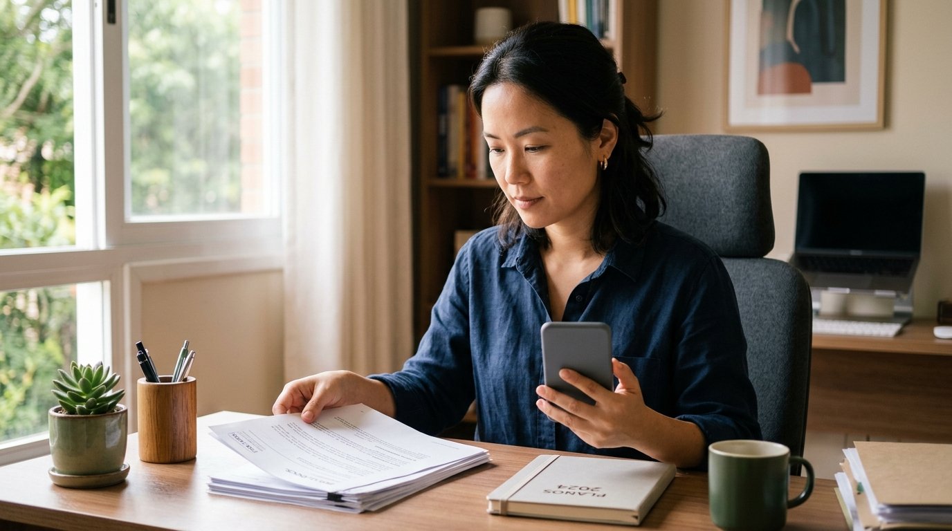 Mulher MEI organizando documentos e celular com Meu INSS aberto, planejando pedido de benefício