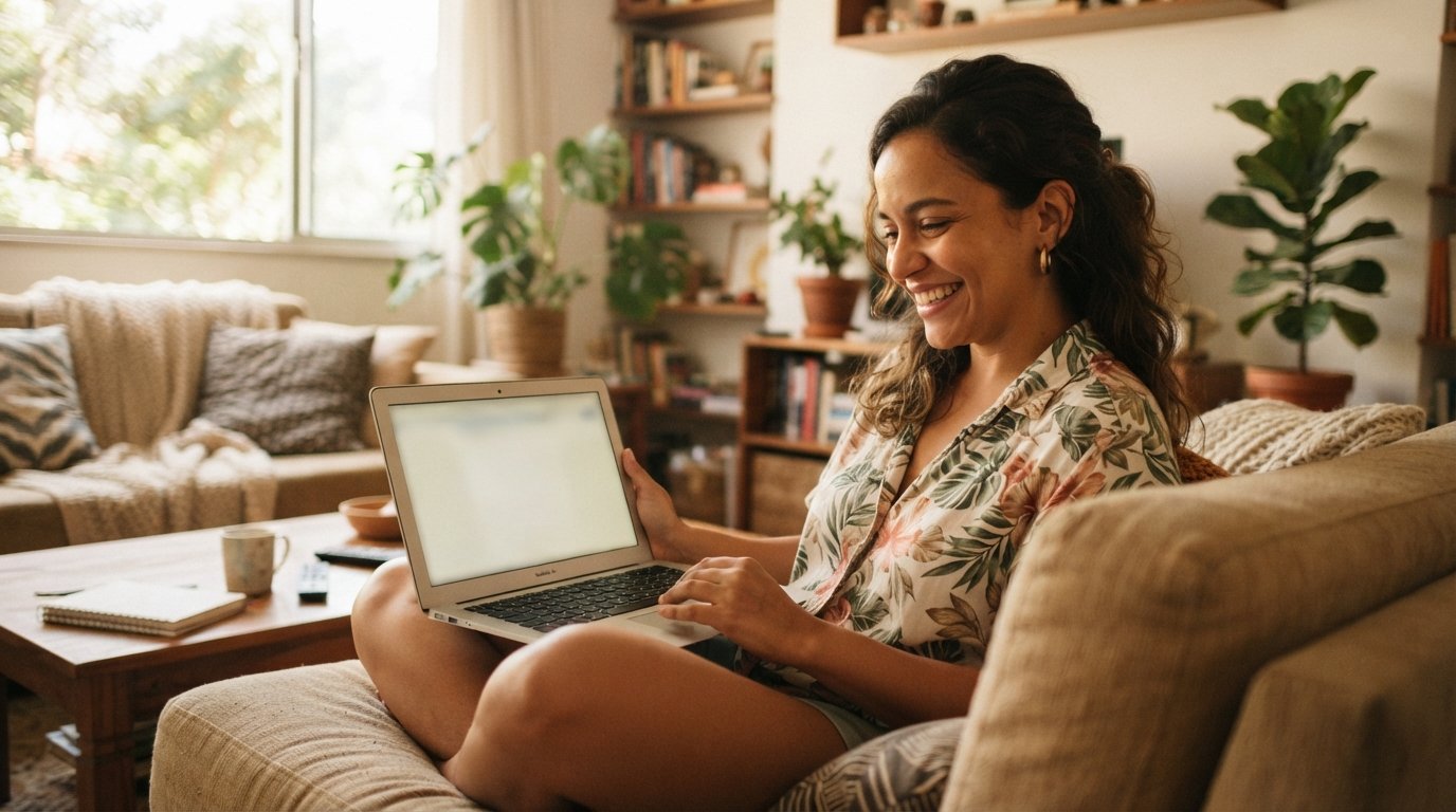 Empreendedora parda conferindo o comprovante de pagamento do DAS no notebook em casa