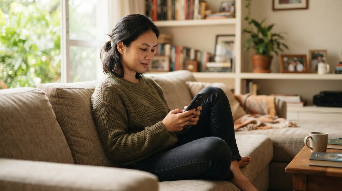 Empreendedora asiática-brasileira acompanhando pelo celular o andamento do pedido no Meu INSS