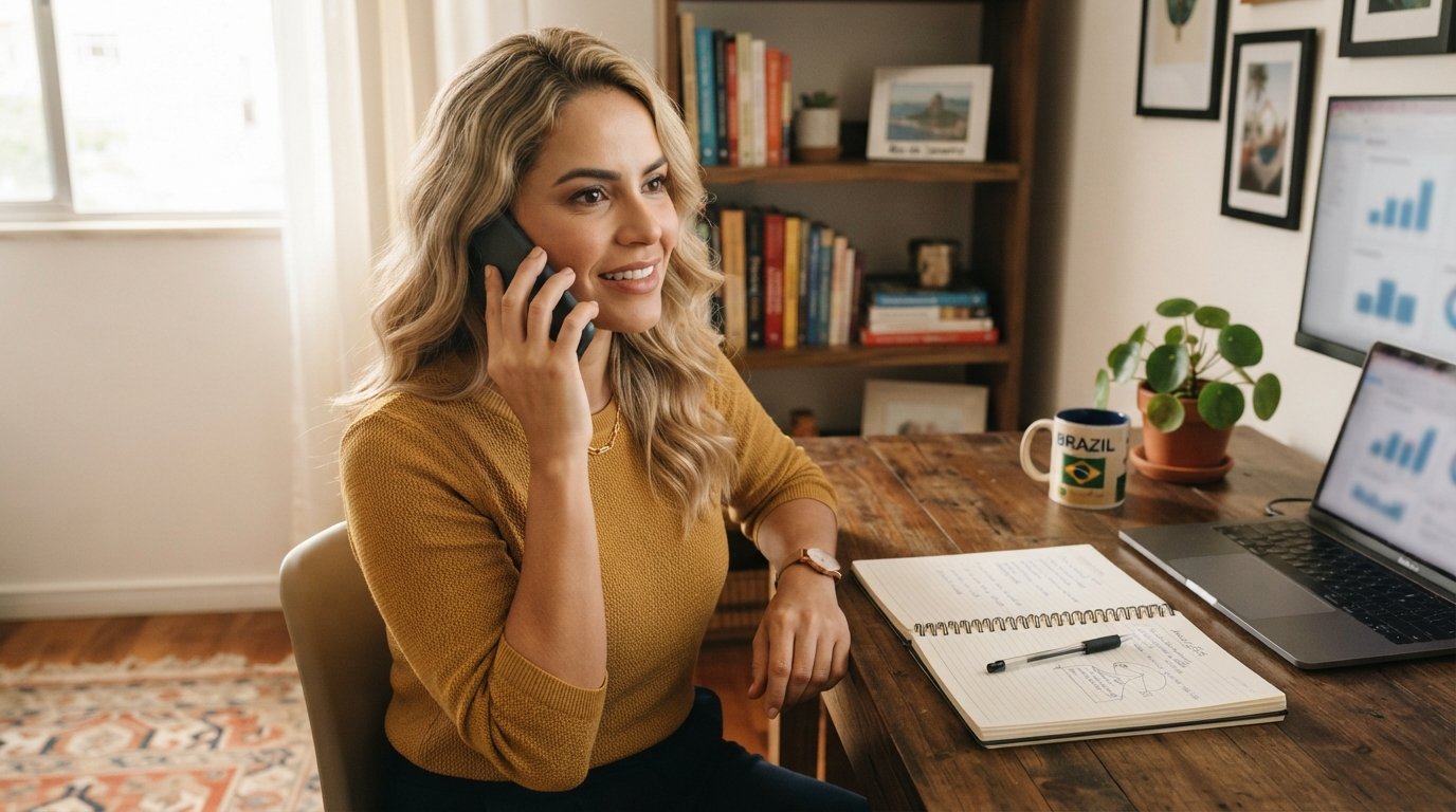 Empreendedora loira com traços latinos ao telefone registrando reclamação sobre o atraso do salário-maternidade no INSS