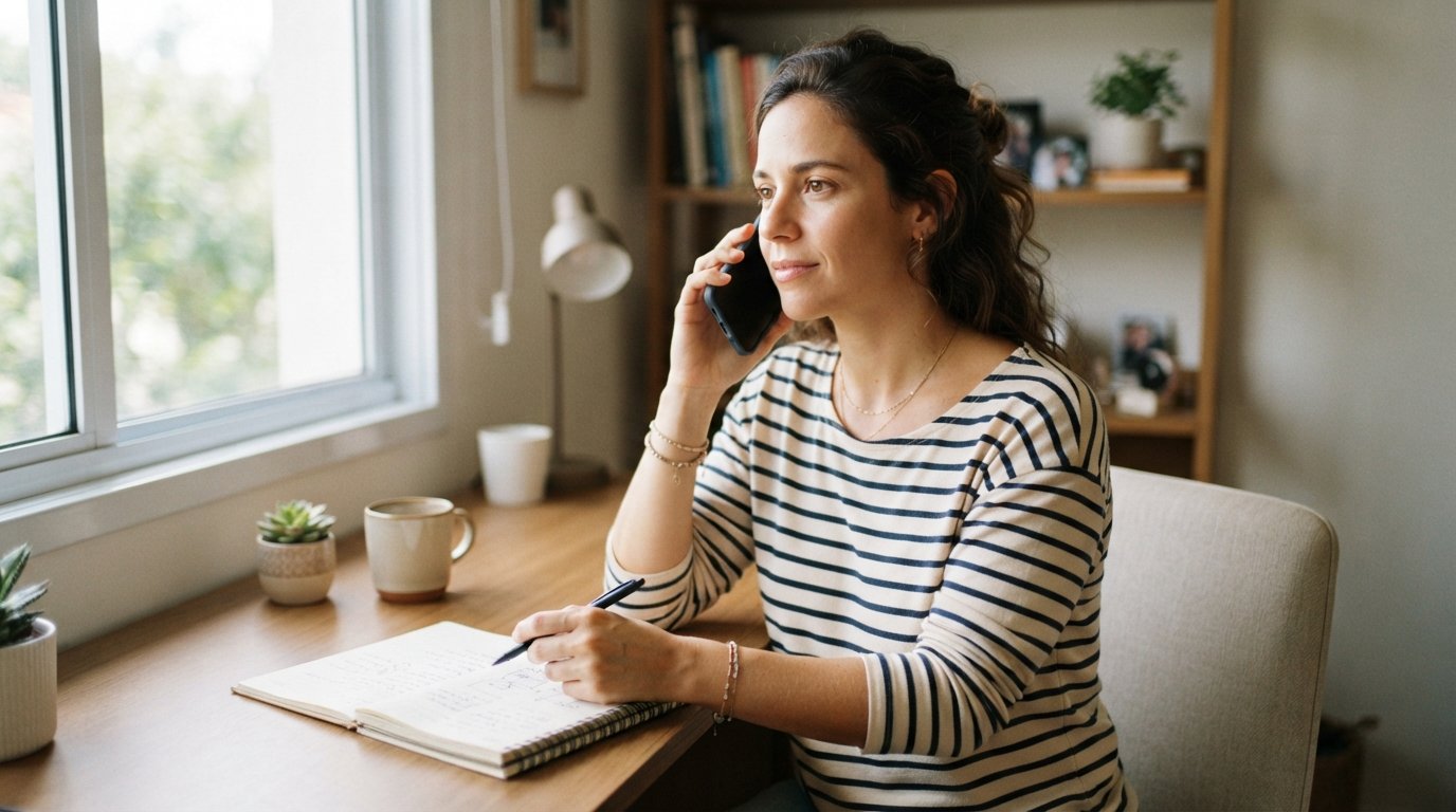 Empreendedora branca ao telefone com o INSS tirando dúvida sobre o salário-família