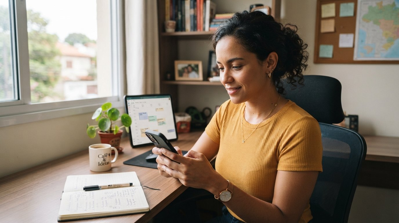 Empreendedora parda no celular consultando o calendário de pagamento do abono salarial