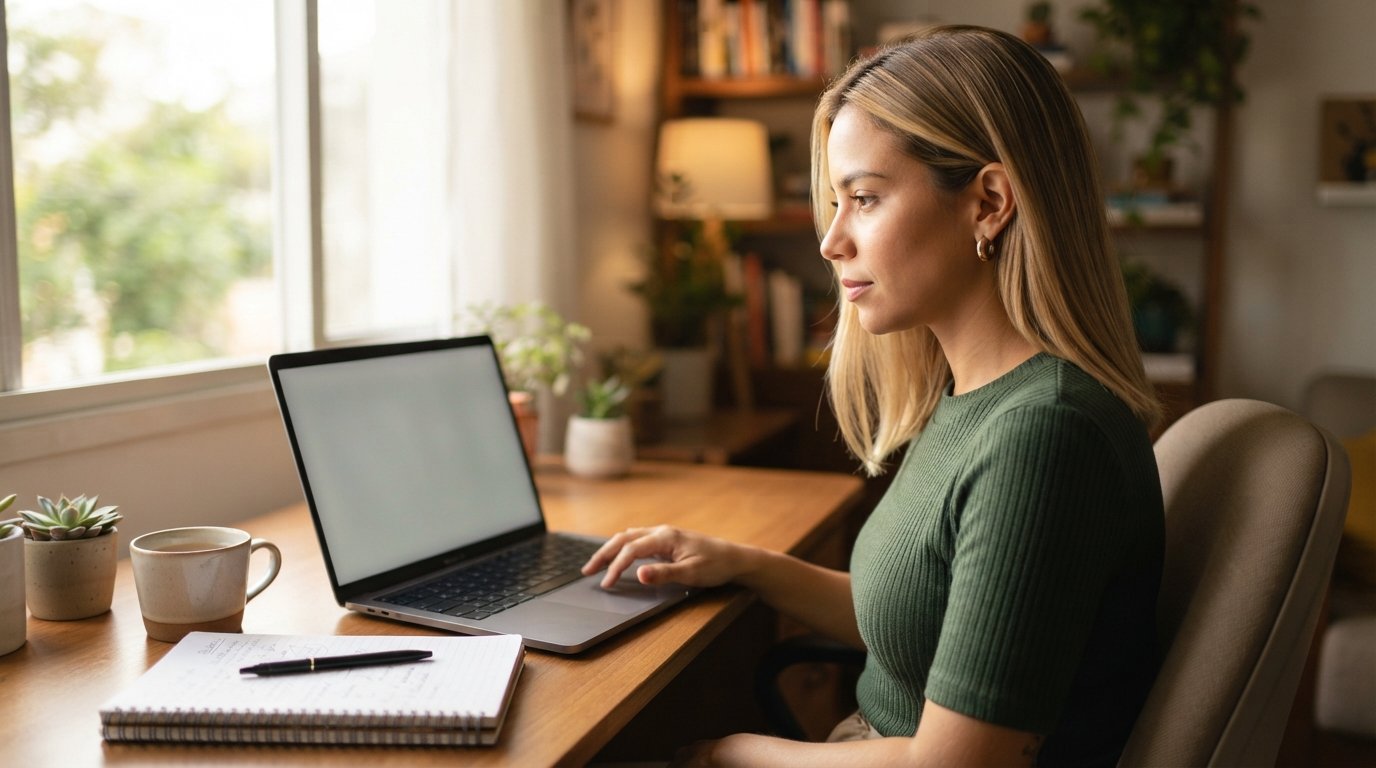 Empreendedora loira com traços latinos conferindo o extrato de débitos no computador