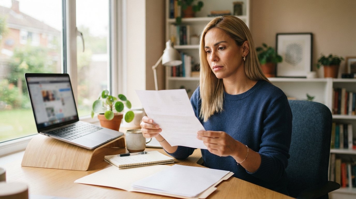 Empreendedora loira com traços latinos entendendo por que o INSS negou meu benefício, notebook e carta de indeferimento