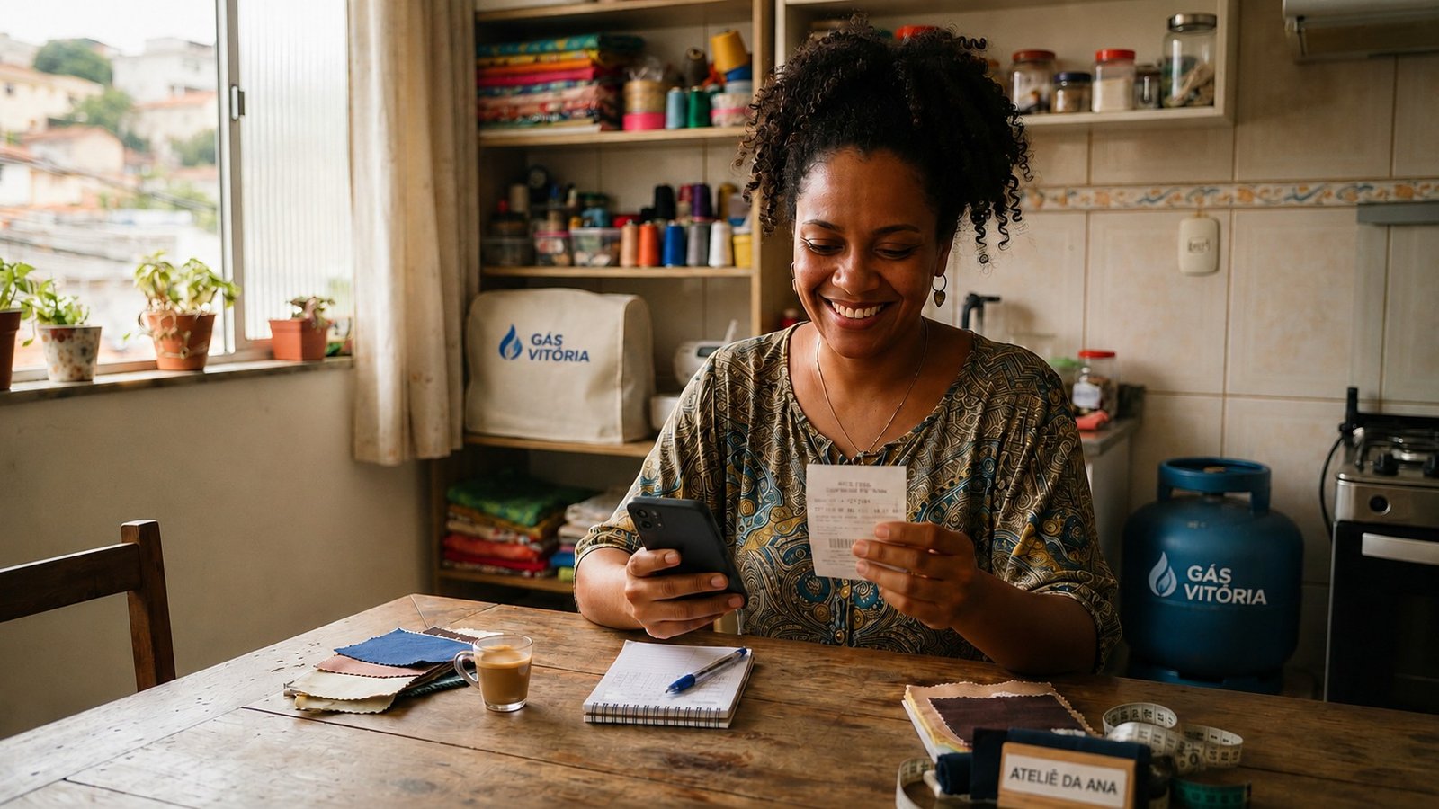 Empreendedora negra sorrindo em casa, mei tem direito ao auxílio-gás e à tarifa social de energia