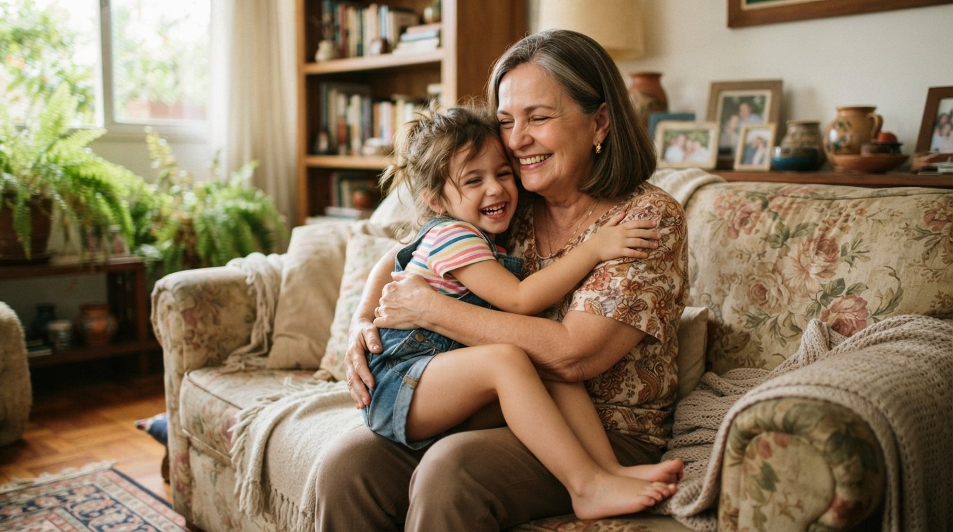 Avó guardiã pode ter o neto como dependente: ela sorri abraçando o neto pequeno em casa