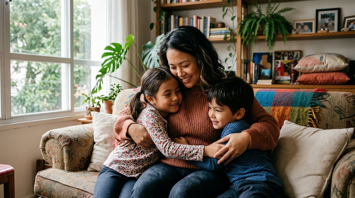 Empreendedora asiática-brasileira abraçando os filhos, pensando na pensão por morte para filhos de MEI