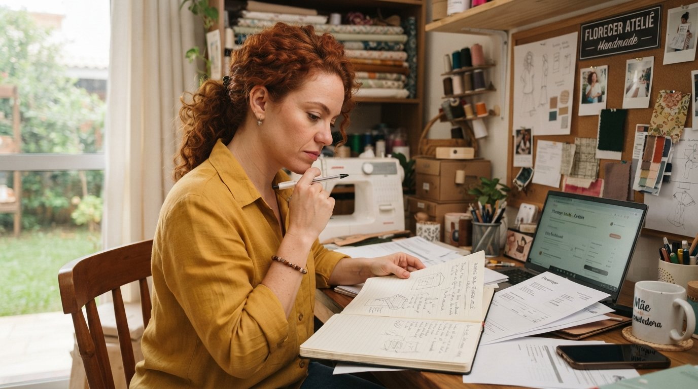 Empreendedora ruiva revisando papelada ao trocar de atividade do MEI sem fechar o CNPJ
