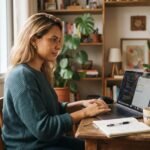 Empreendedora loira de traços latinos verificando se MEI tem restituição de imposto de renda no notebook