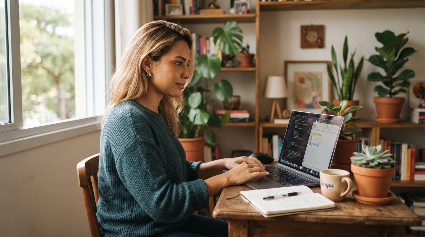 Empreendedora loira de traços latinos verificando se MEI tem restituição de imposto de renda no notebook