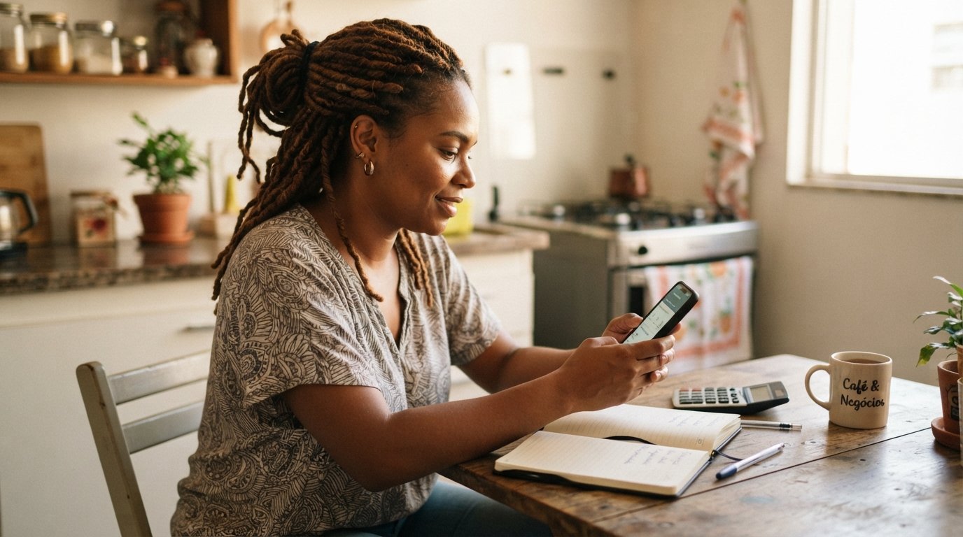 Empreendedora negra aprendendo como parcelar o DAS atrasado do MEI pelo celular