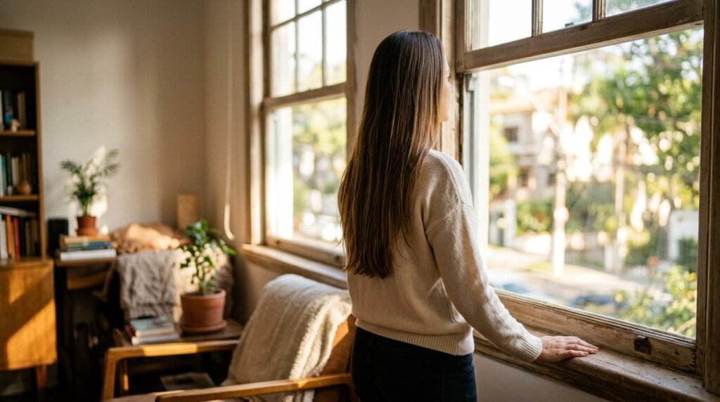 Mulher MEI vítima de violência doméstica tem direito a apoio, silhueta observando a luz pela janela