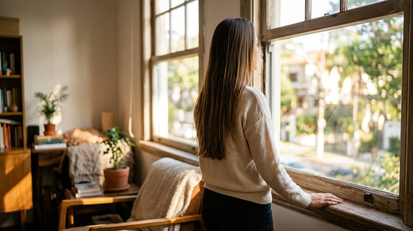 Mulher MEI vítima de violência doméstica tem direito a apoio, silhueta observando a luz pela janela