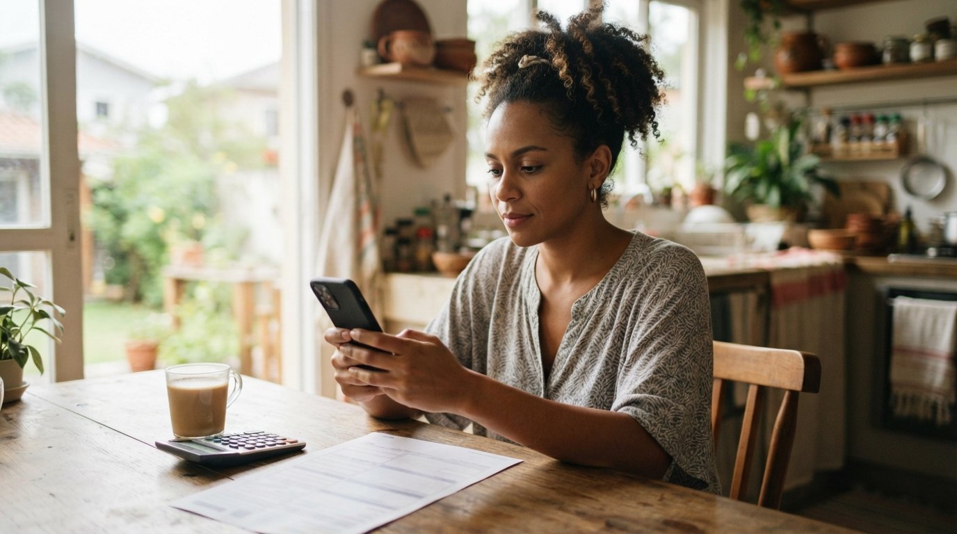 Empreendedora negra conferindo no celular quanto do DAS é INSS e quanto é imposto no boleto do mês
