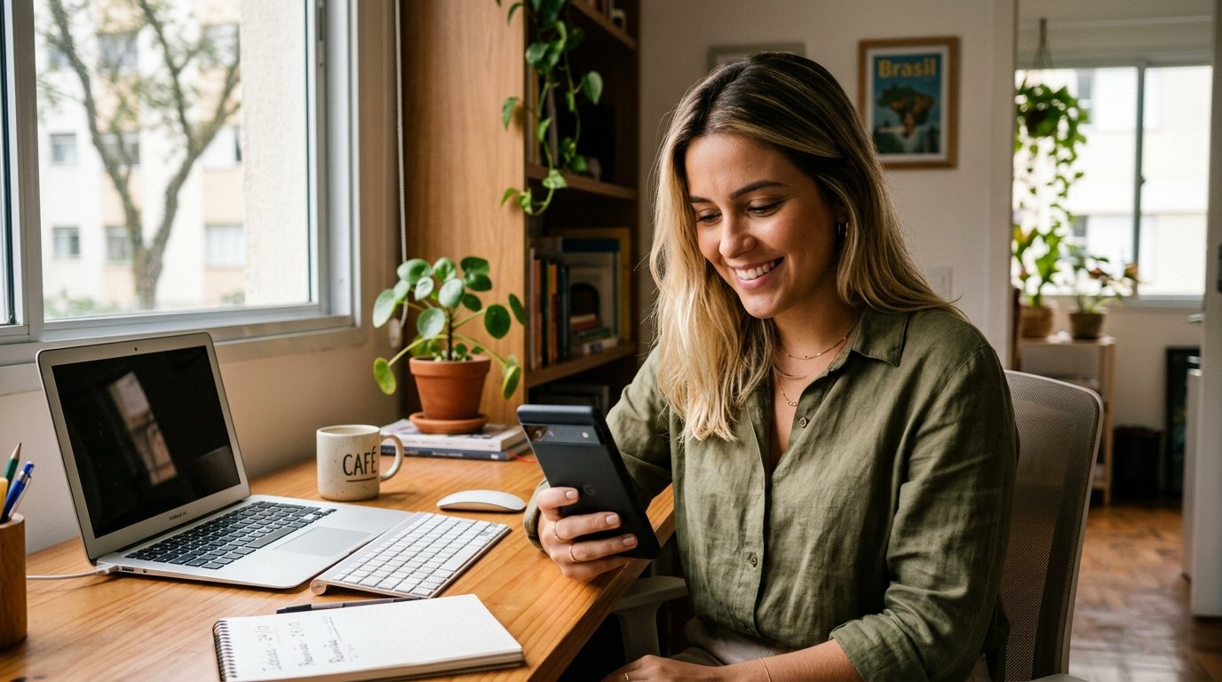 Empreendedora loira sorrindo ao descobrir como emitir o CCMEI pelo celular