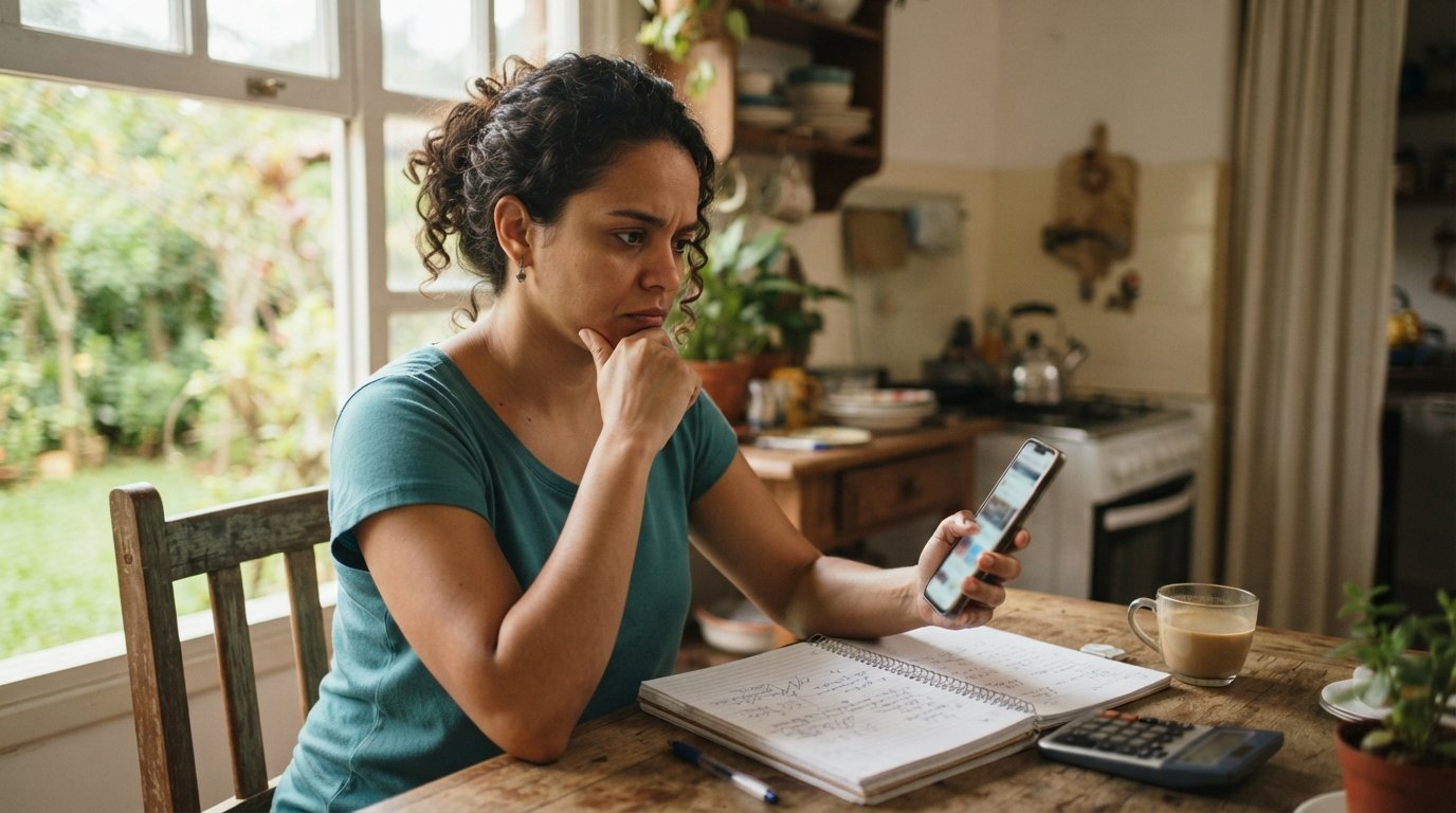 Empreendedora parda pensativa com celular, verificando se MEI tem direito a empréstimo consignado