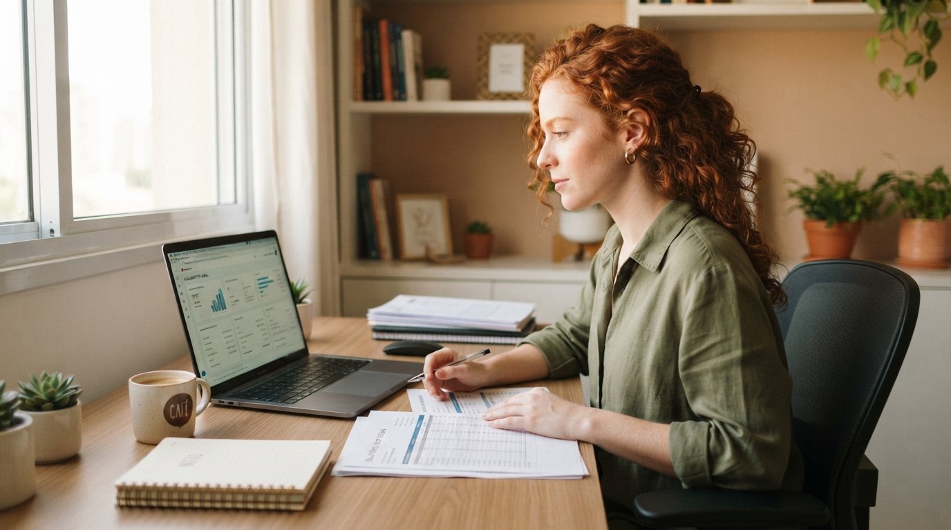 Empreendedora ruiva no notebook aprendendo como emitir o DAS atrasado de meses anteriores