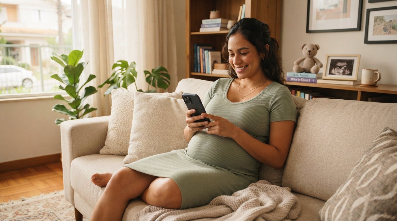 Empreendedora asiática-brasileira grávida entendendo quanto tempo demora o salário-maternidade do MEI