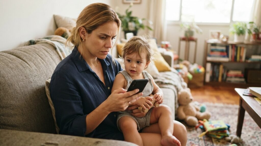 Empreendedora loira com traços latinos segurando o filho no colo, pensativa sobre salário-família do MEI