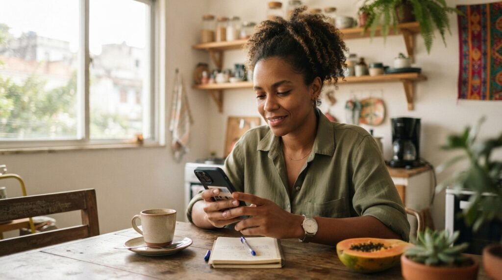 Empreendedora negra conferindo pelo celular se tem direito ao PIS abono salarial sendo MEI