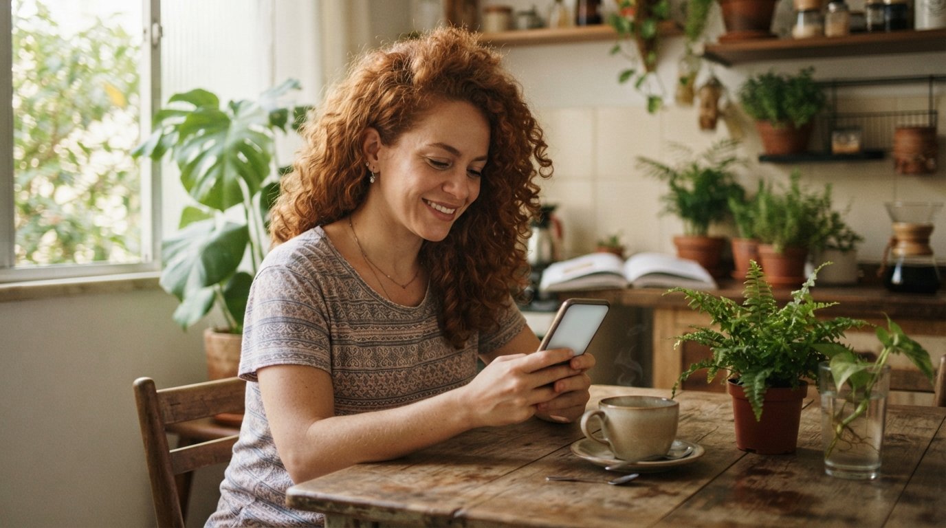 Empreendedora ruiva descobrindo como sei se devo à Receita Federal sendo MEI, pelo celular