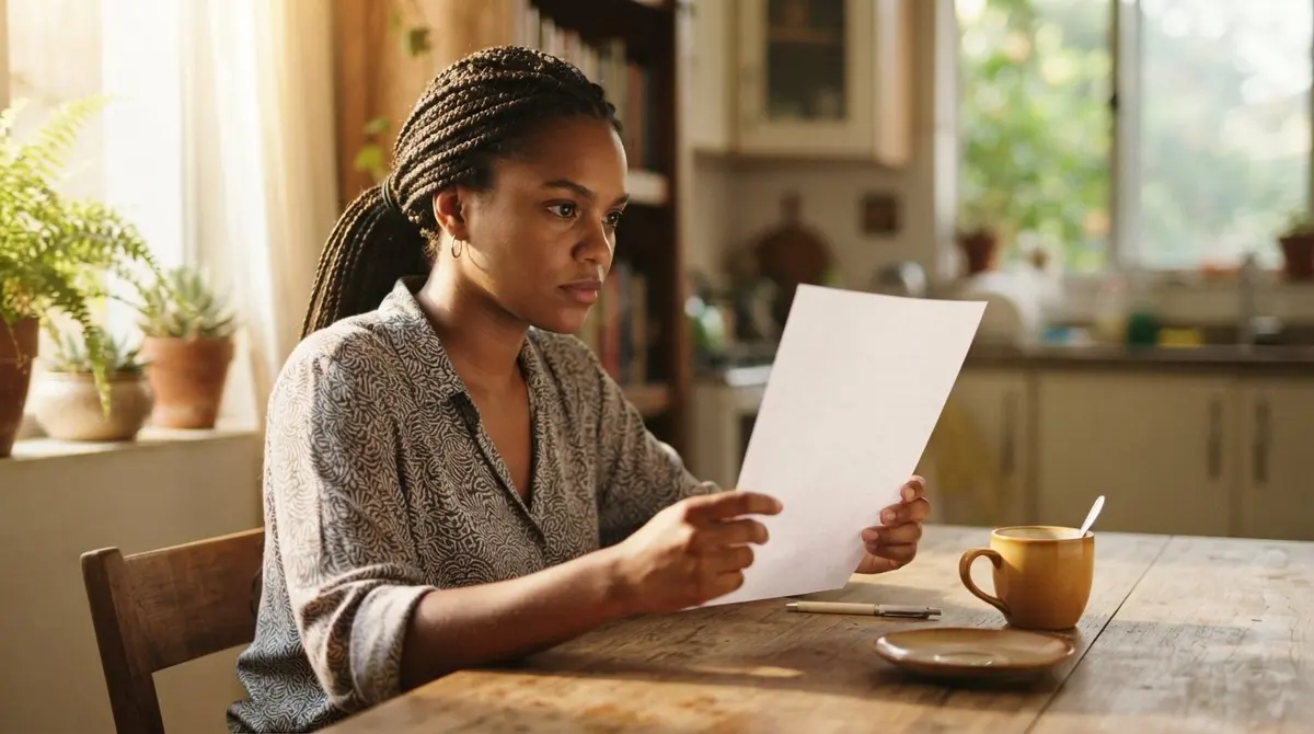 Empreendedora negra lendo a carta de indeferimento do INSS na mesa da cozinha