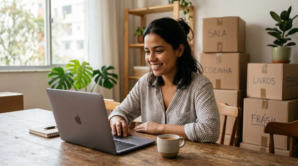 Empreendedora asiática-brasileira conferindo o endereço novo no notebook durante a mudança