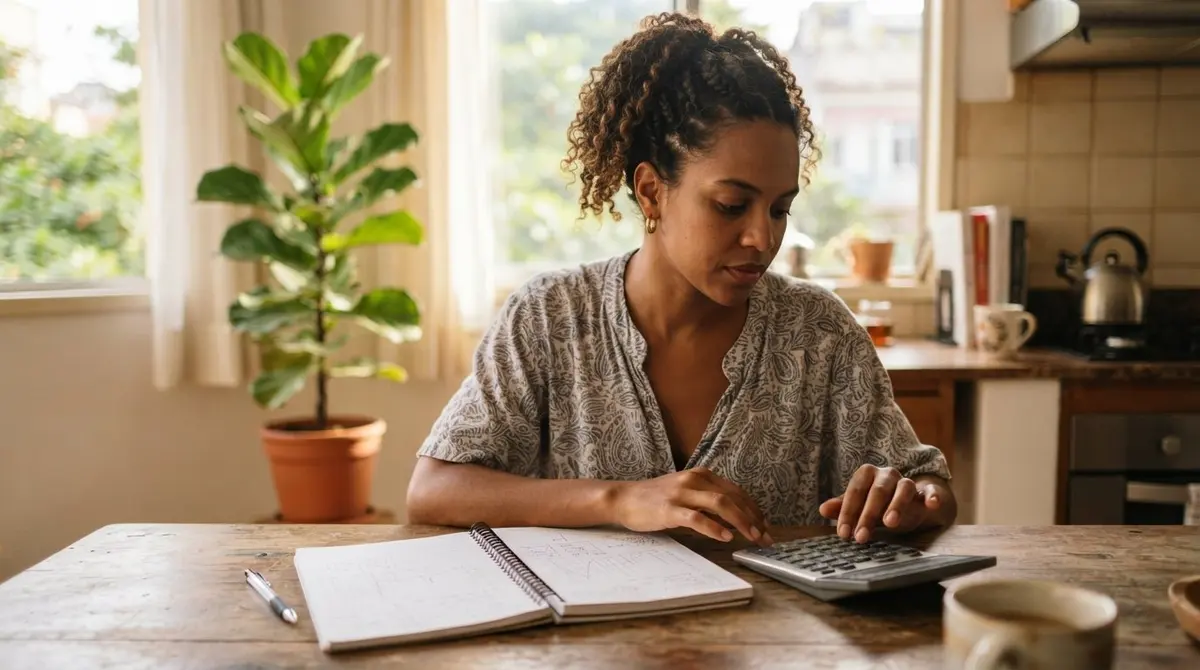 Mulher negra calculando a parcela tributável do lucro do MEI numa calculadora