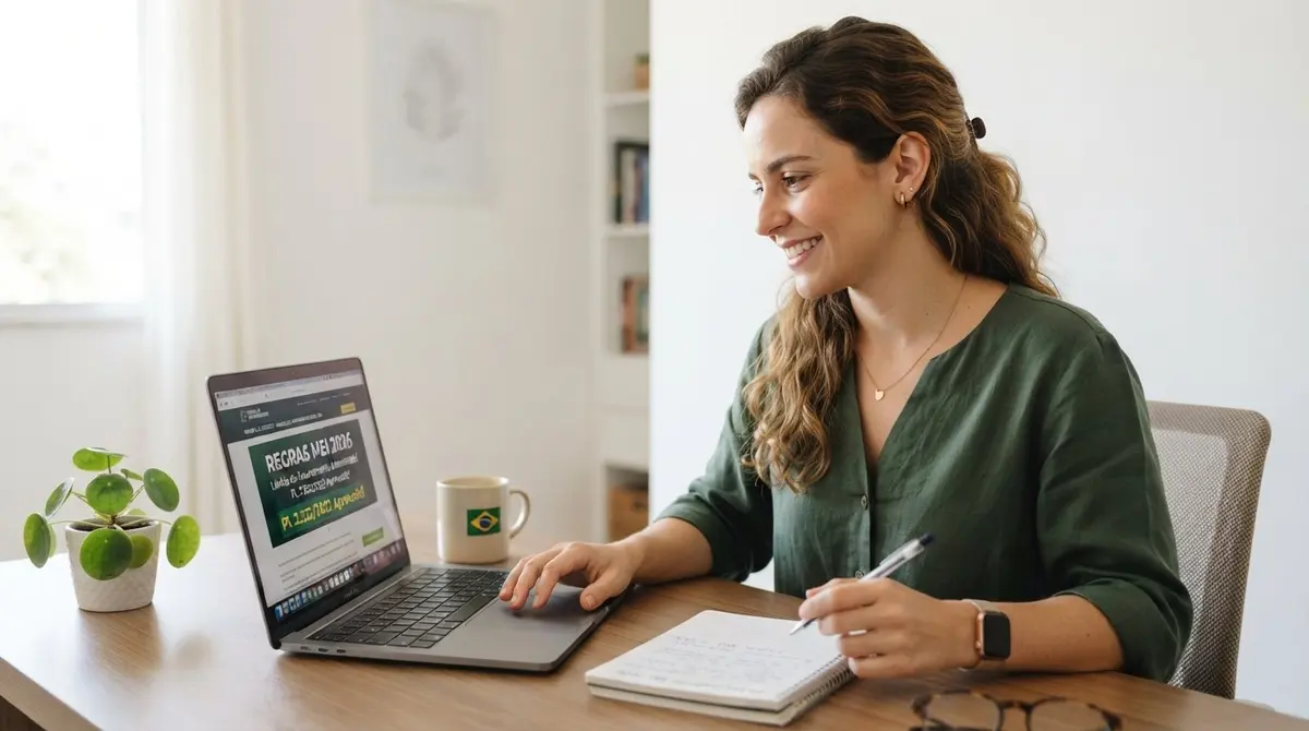 Empreendedora branca sorrindo ao pesquisar no notebook as regras do MEI e os benefícios que a CLT tem
