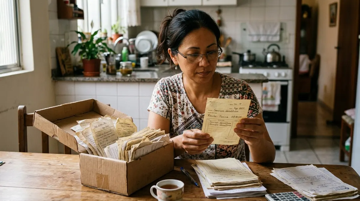 Empreendedora asiática-brasileira separando recibos antigos de faxina para reunir provas de trabalho informal