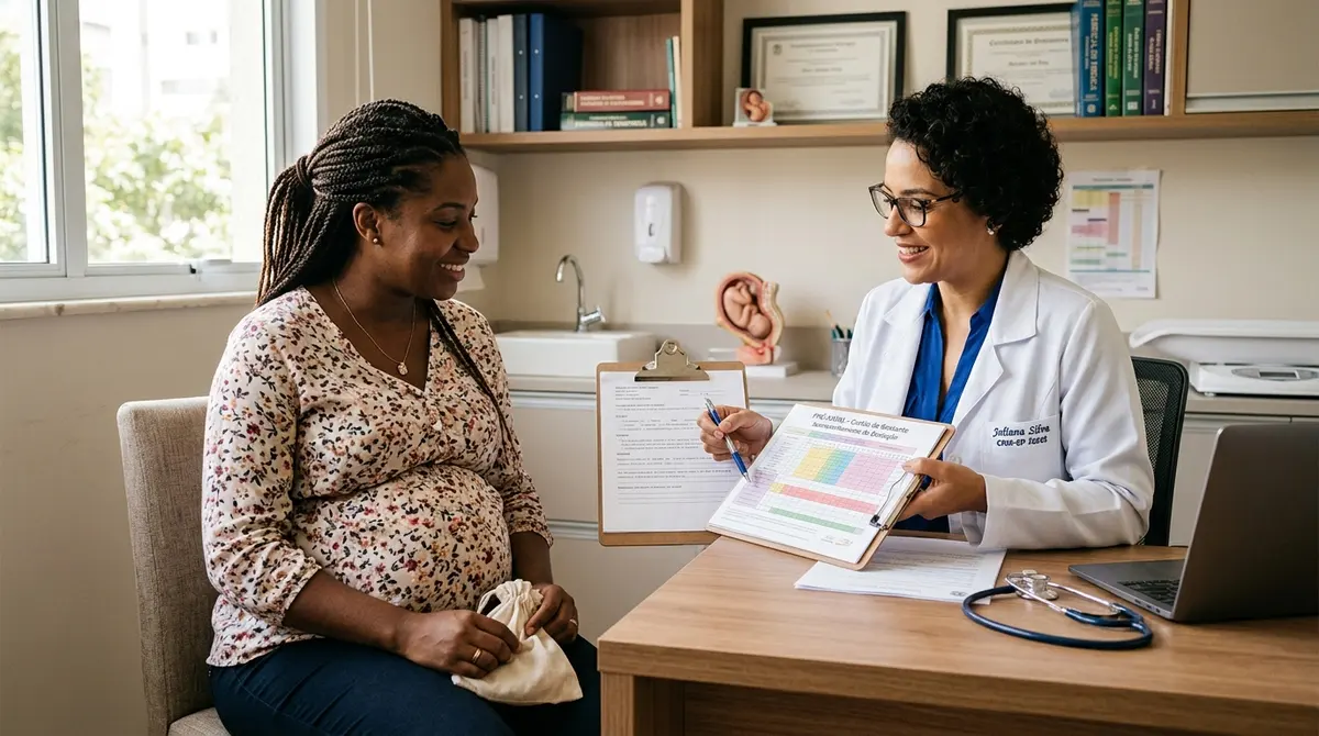 MEI negra em consulta médica conversando sobre o afastamento da gestação de risco