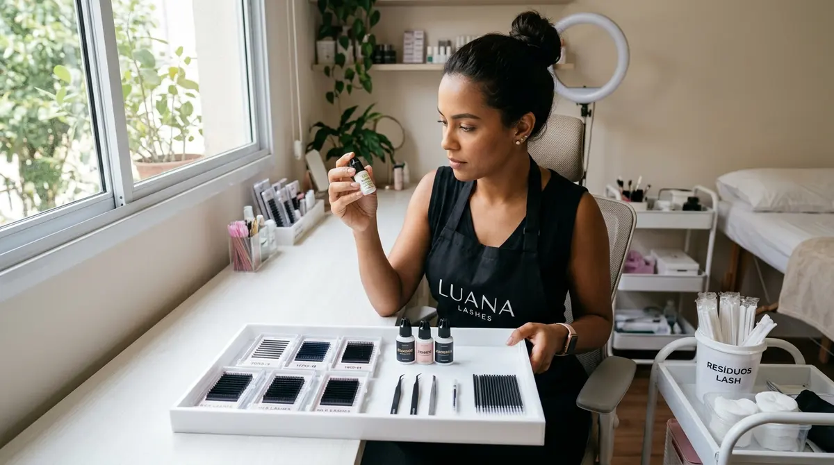 Lash designer parda organizando cola e material de extensão de cílios sobre a bancada