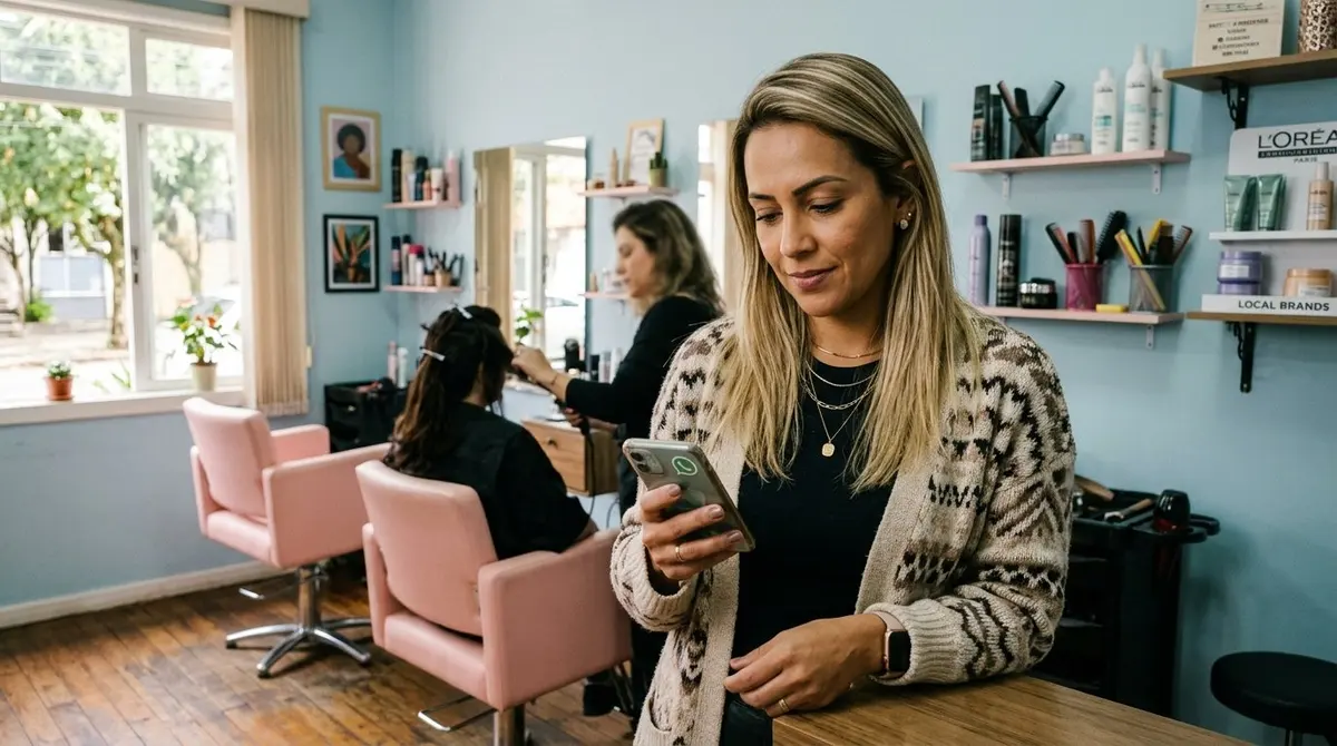 Empreendedora negra organizando a agenda do salão ao lado da funcionária grávida