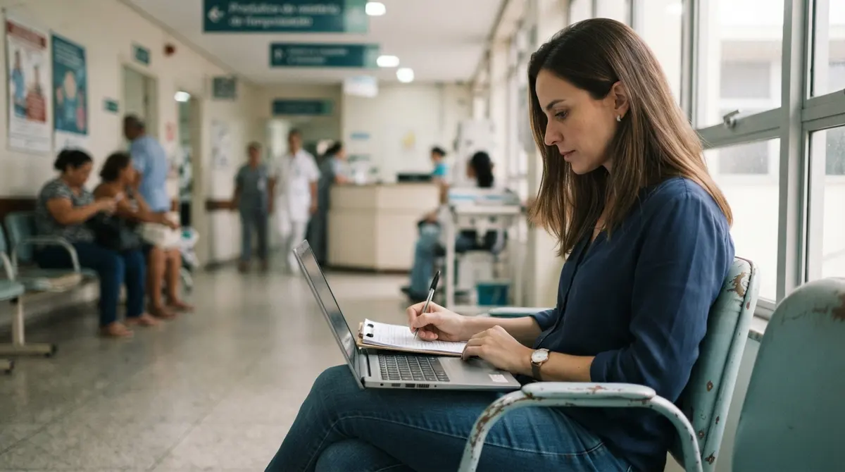 Mãe MEI branca sentada na sala de espera do hospital preenchendo formulário no notebook
