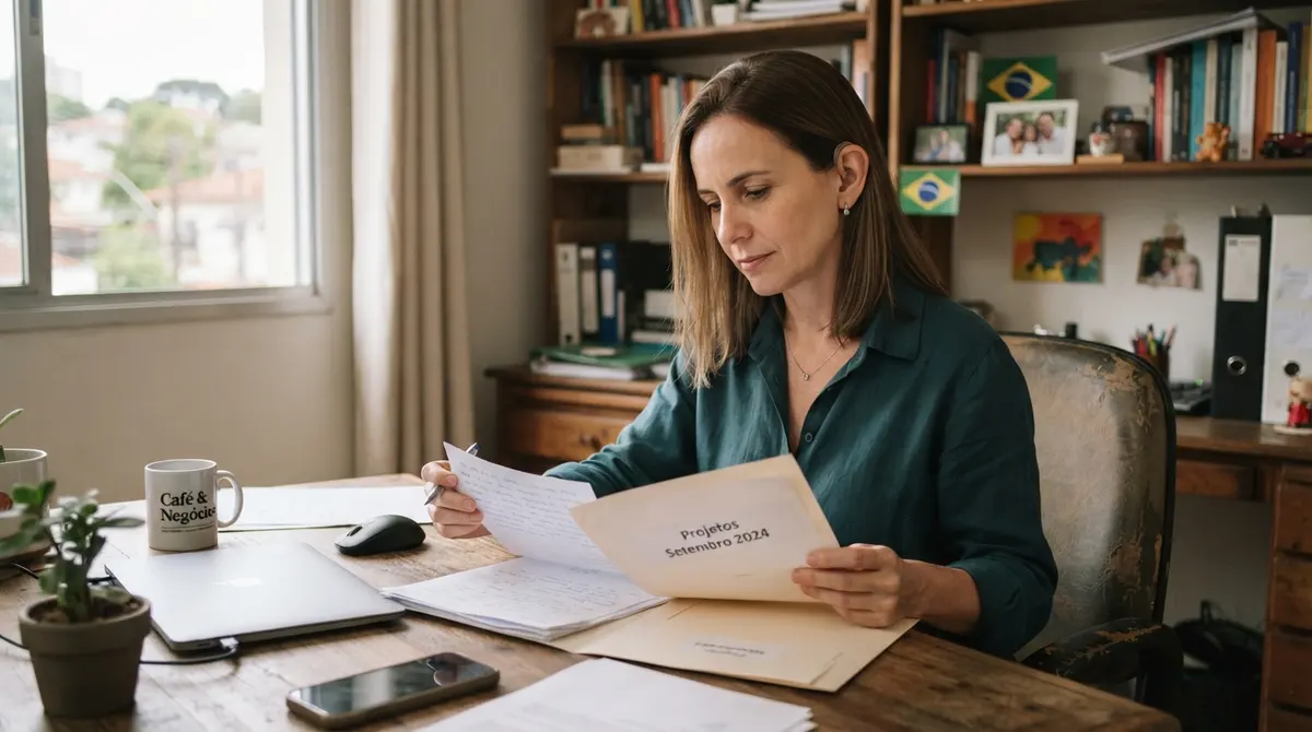 Empreendedora branca com aparelho auditivo conferindo documentos sobre aposentadoria da pessoa com deficiência